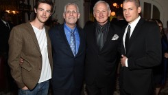 Grant Gustin, Mark Pedowitz, President of The CW Network, Victor Garber and Wentworth Miller attend the CW Network's 2015 Upfront party at Park Avenue Spring on May 14, 2015 in New York City.