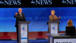 Caption:MANCHESTER, NH - DECEMBER 19: Democratic president candidates Bernie Sanders and Hillary Clinton debate at Saint Anselm College December 19, 2015 in Manchester, New Hampshire.