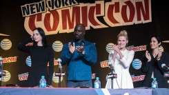 Krysten Ritter, Mike Colter, Rachel Taylor and Carrie-Anne Moss attend the Netflix Presents The Casts Of Marvel's Daredevil And Marvel's Jessica Jones At New York Comic-Con at Jacob Javits Center on October 10, 2015 in New York City.