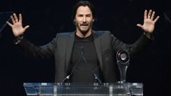 Actor Keanu Reeves accepts the Vanguard Award during the CinemaCon Big Screen Achievement Awards brought to you by the Coca-Cola Company at The Colosseum at Caesars Palace during CinemaCon, the official convention of the National Association of Theatre Ow