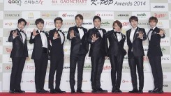  Super Junior arrive for the 4th Gaon Chart K-POP Awards at the Olympic Park on January 28, 2015 in Seoul, South Korea.