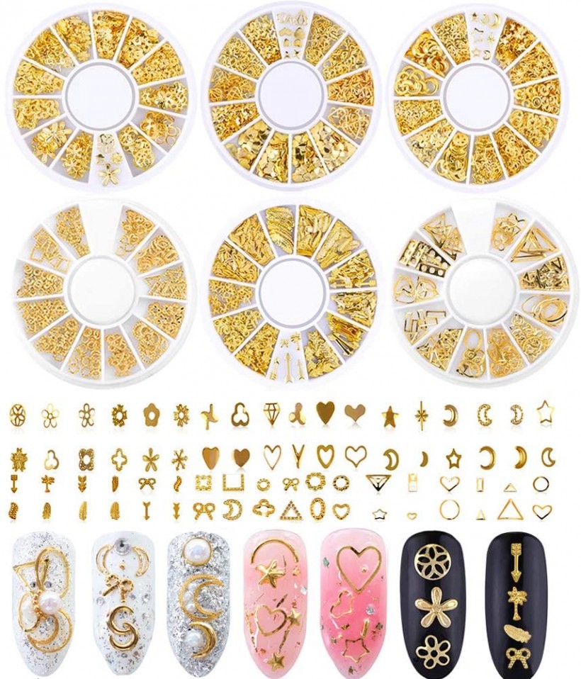 Nail Studs for Women 3D Nail Art Charms Accessories 6 Boxes Gold Metal Punk Star Moon Heart Triangle Square Rivet Gems Nail Art Jewels Decal for Girls.