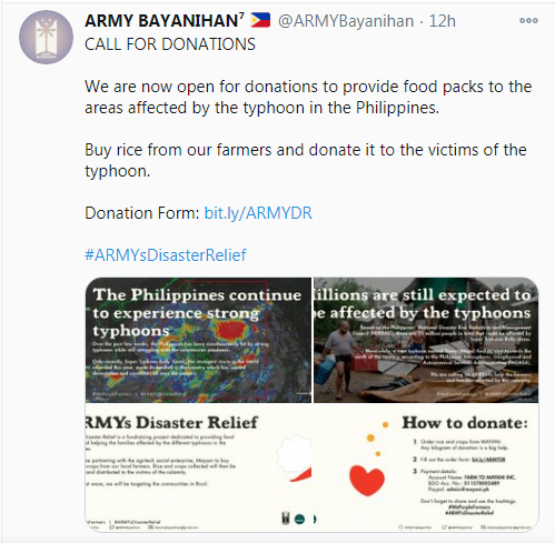 Screenshot of ARMY Bayanihan's Post