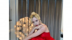 TWICE Mina, intense + elegant red dress