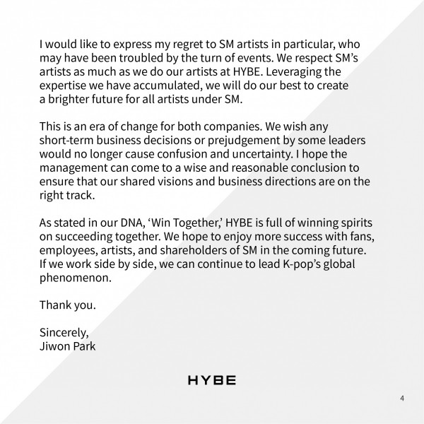 HYBE Addresses Acquisition of Lee Soo Man's Shares in Open Letter