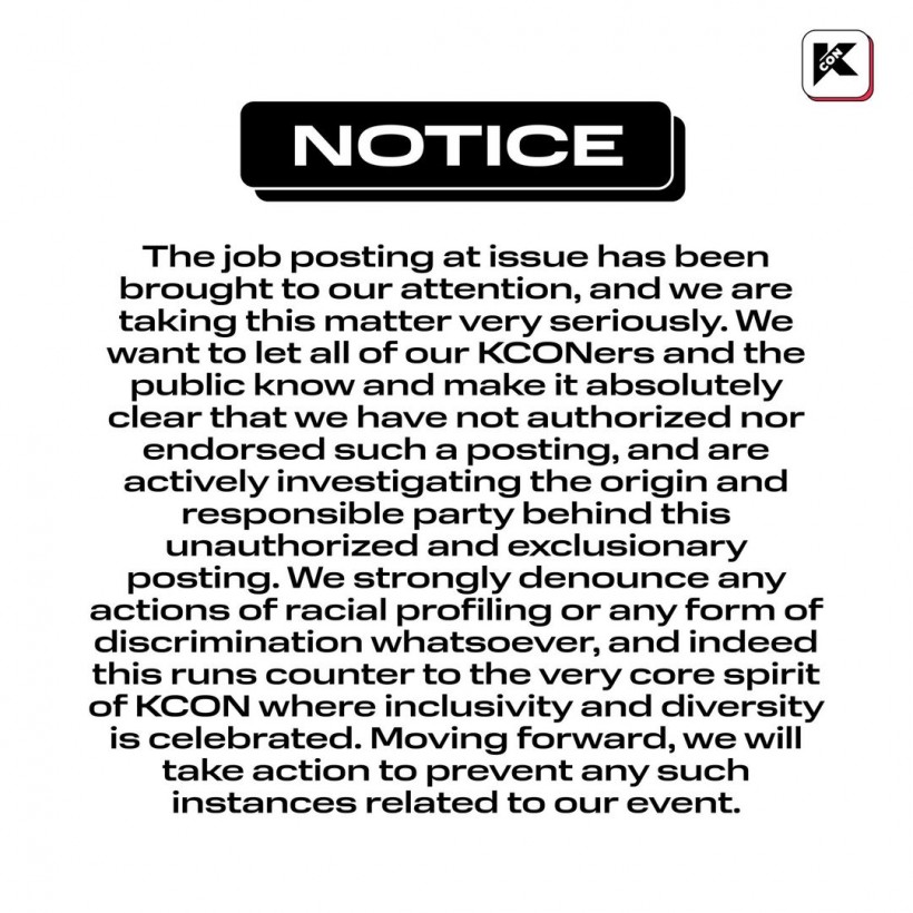 KCON USA sous le feu des offres d'emploi «racistes» + problème d'adresses dans la déclaration officielle: «Nous n'avons pas autorisé un tel message»