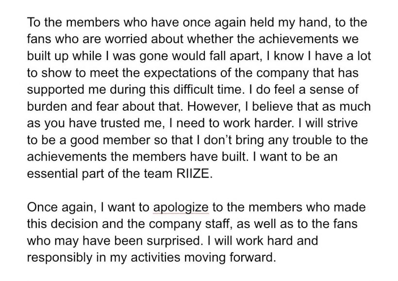 RIIZE Seunghan Writes to BRIIZEs Following News of Return, Addresses Past Controversy: 'I Will Work Hard...'